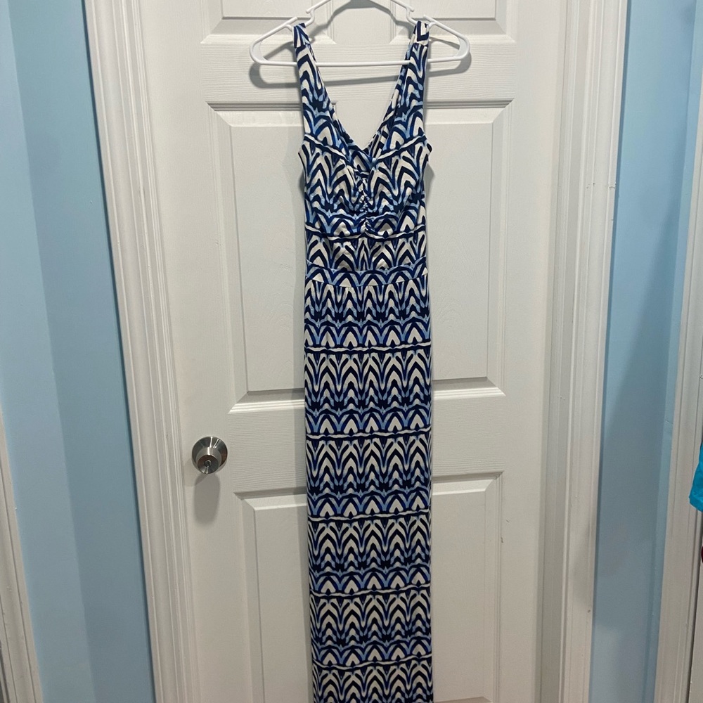 Tart Blue and White Sleeveless Halter Maxi Dress